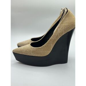 Burberry Tan Woven Platform Wedge Pumps Black Heels Sz 39